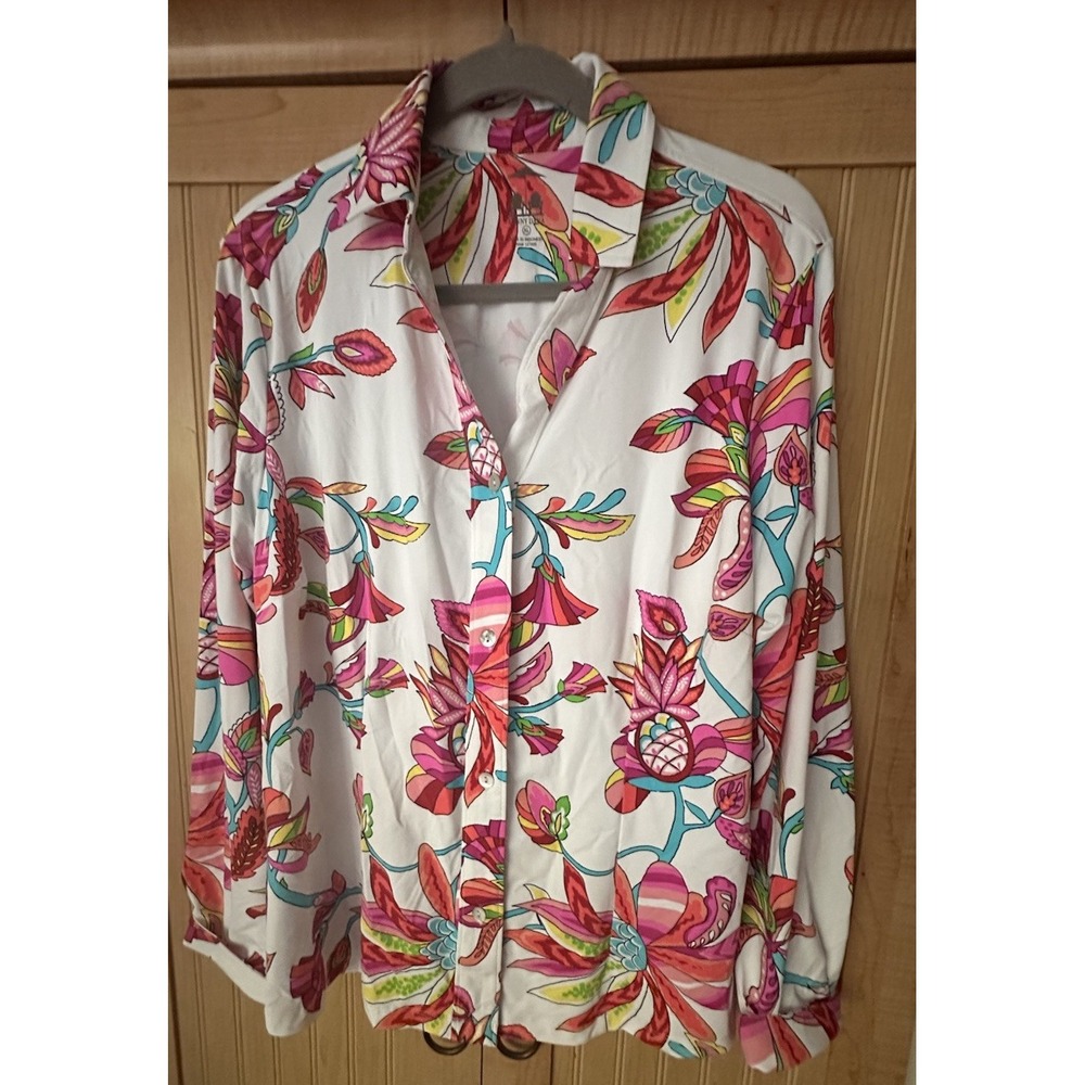 Kenny Dana Women Top XL Multicolor Floral Collared Long Sleeve Button Up Resort